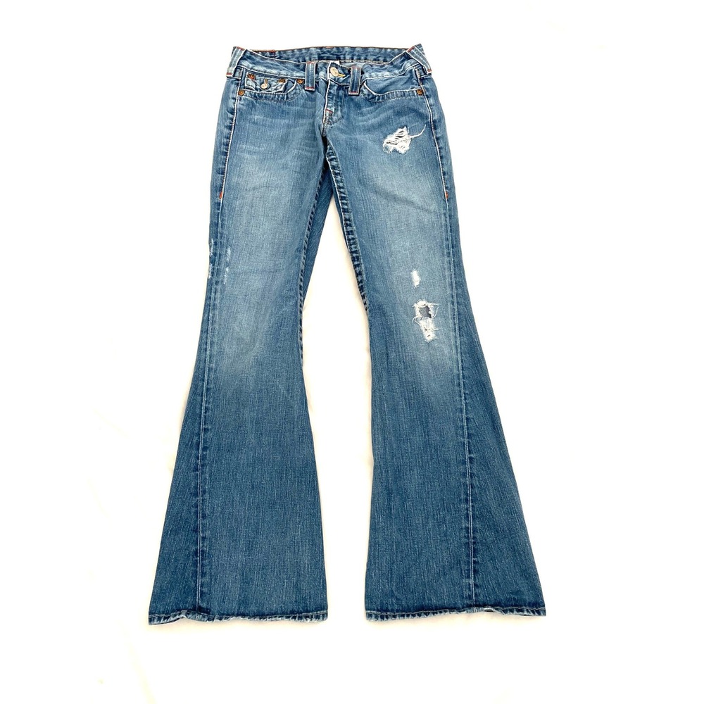 True Religion Joey Flare Jeans Womens 29 Blue Distressed Low Rise Made in USA